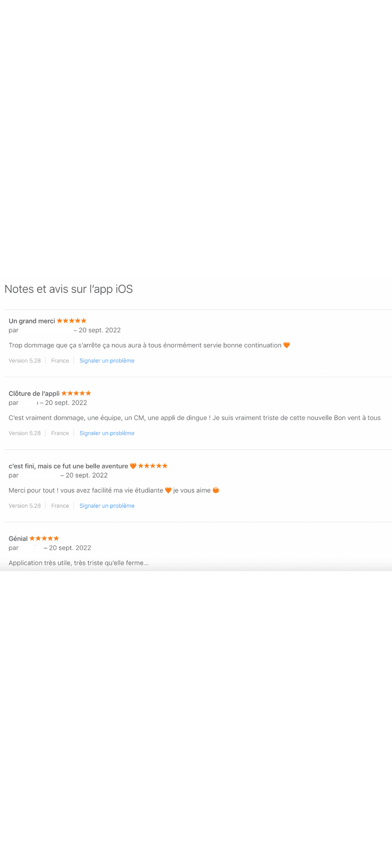 Plusieurs commentaires d'utilisateurs sous forme de commentaire sur le store IOS de l'application Pumpkin.
